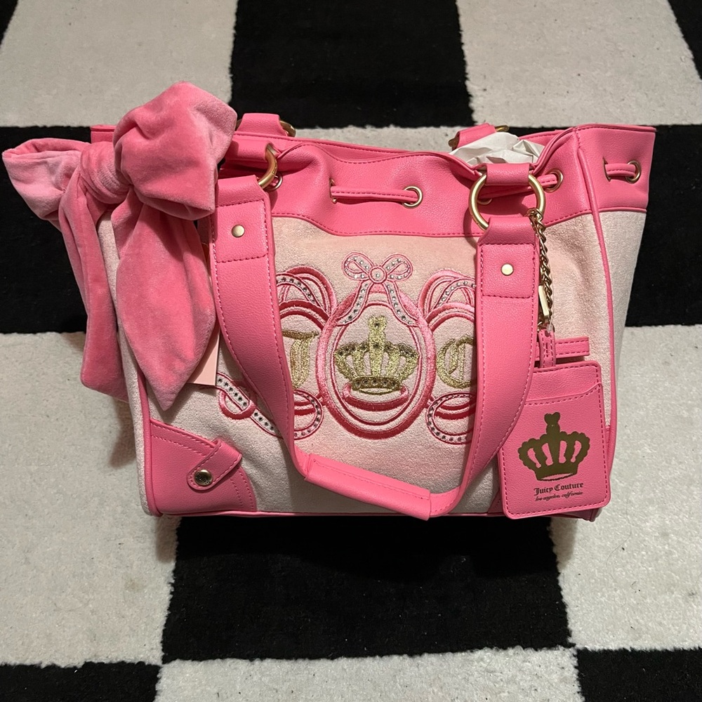 Juicy Couture Pink Crown-Embroidered Tote with Bow Accent
